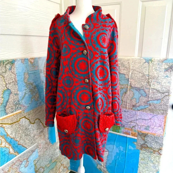 ZaZa Couture Sz L Red Turquoise Geometric Print Jacket - Picture 1 of 5